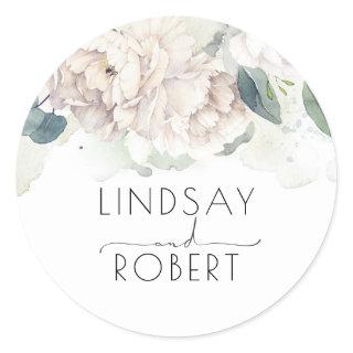 White Watercolor Flowers Elegant Vintage Inspired Classic Round Sticker