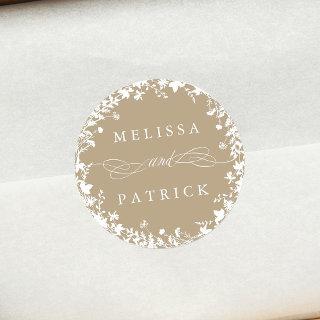 White Wildflower Wreath Silhouette Wedding Tan Classic Round Sticker