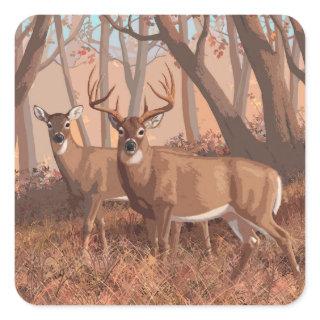 Whitetail Deer In Forest Retro Style Nature Square Sticker