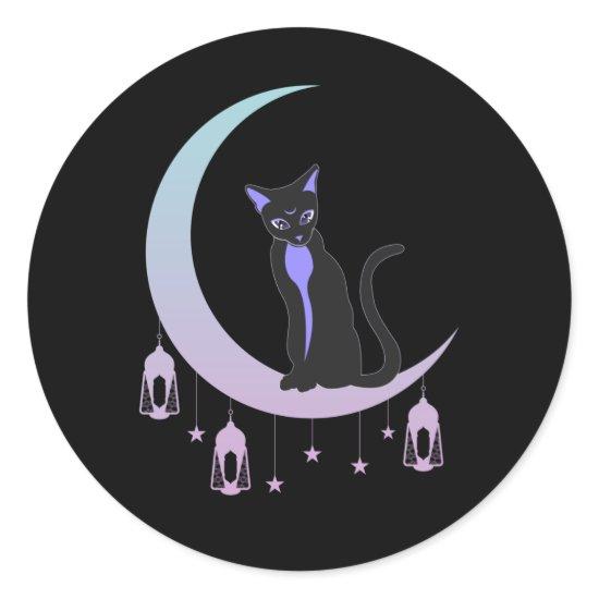 Wicca Crescent Moon Mystical Cat Pastel Goth Classic Round Sticker