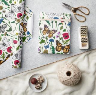 Wild flowers and butterflies on white