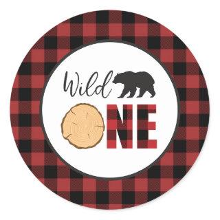 Wild One Bear Buffalo Plaid First Birthday Classic Round Sticker