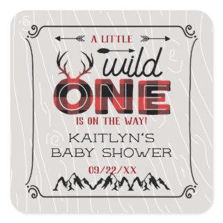 Wild One Boys Rustic Plaid Lumberjack Baby Shower Square Sticker