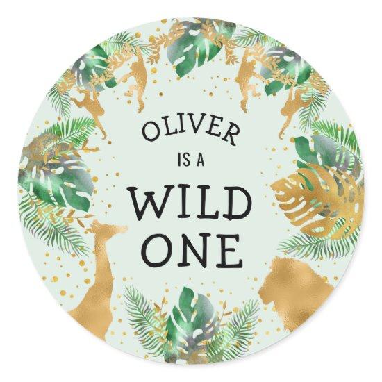 Wild One Jungle Safari 1st Birthday Party Green Classic Round Sticker