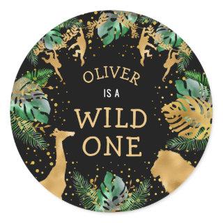Wild One Safari 1st Birthday Party Green Black Classic Round Sticker