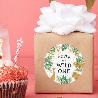 Wild One Safari 1st Birthday Party Green Gold Classic Round Sticker