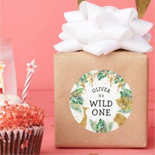 Wild One Safari 1st Birthday Party Green Gold Classic Round Sticker