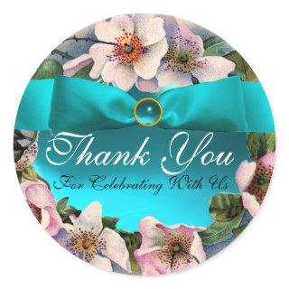 WILD ROSES WITH AQUA BLUE ,TEAL RIBBON ,Thank you Classic Round Sticker