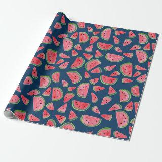 Wild watermelon on blue gift wrap watercolor