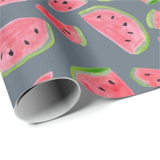 Wild watermelon on gray gift wrap watercolor