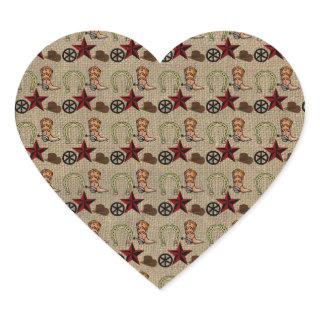 Wild West Cowboy Country Western on Burlap Pattern Heart Sticker