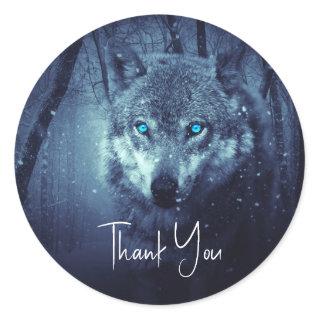 Wild Wolf with Beautiful Blue Eyes Thank You Classic Round Sticker