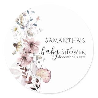 Wildflower boho minimal modern Baby Shower  Classic Round Sticker