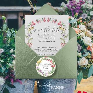 Wildflower Floral Watercolor Script Save the Date  Classic Round Sticker