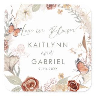 Wildflower Love in Bloom Wreath Watercolor Wedding Square Sticker