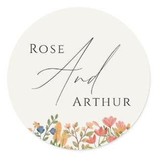 Wildflower Script Wedding Classic Round Sticker