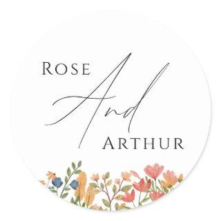 Wildflower Script Wedding Classic Round Sticker