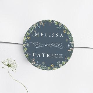 Wildflower Wreath Elegant Wedding Navy Blue Classic Round Sticker