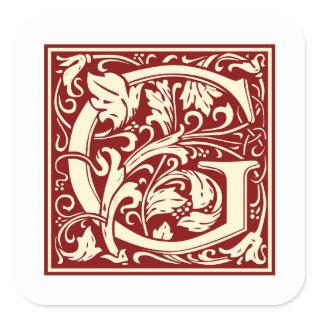 William Morris Letter G Monogram Initial Red Square Sticker
