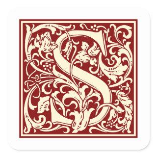 William Morris Letter S Monogram Initial Red Square Sticker
