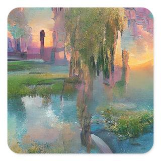 Willow and wisteria by the pond at sunset   Square Sticker