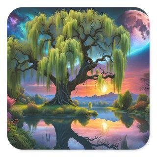 Willow tree under a Full Moon N Starry sky Sunset Square Sticker
