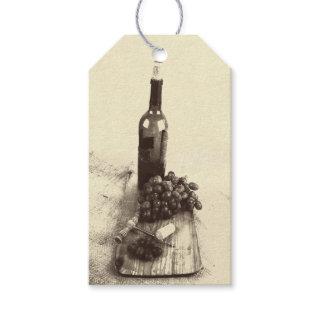Wine bottle, grapes, cutting board and corkscrew gift tags