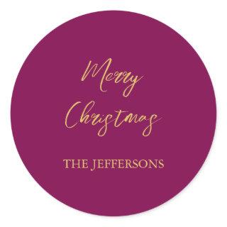 Wine & Gold Colors Merry Christmas Classic Round Sticker