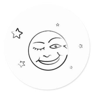 Winking Brushstroke Moon and Stars Classic Round Sticker