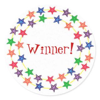 Winner!, stickers, with colorful stars classic round sticker