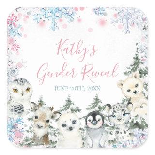 Winter Animal Gender Reveal He or She Snowflakes Square Sticker