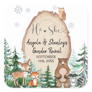 Winter Animal Gender Reveal He or She Woodland Square Sticker