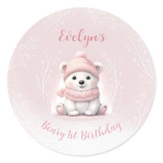 Winter Beary 1st Birthday Pink Polar Bear Classic Round Sticker