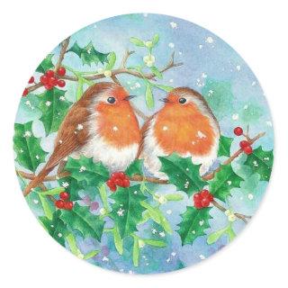 Winter Birds & Holly Berries In Falling Snow  Classic Round Sticker