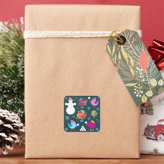 Winter Birds Playing in Snow with Snowman  Square Sticker