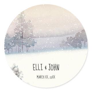 Winter Blue and White Wedding Classic Round Sticker