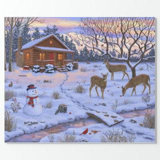 Winter Cabin Deer In Snow Christmas Scene