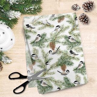 Winter Chickadee Pine Branch Christmas Pattern Tissue Paper