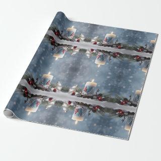 Winter Christmas candle with snow and copy space