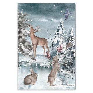Winter Deer and Rabbit  landscape Watercolor   Tissue Paper