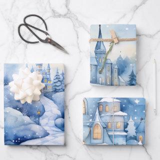Winter Fairytale Snowy Castle Scene Blue and White  Sheets
