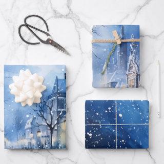 Winter Fairytale Snowy Houses Scene Blue and White  Sheets