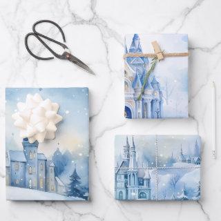 Winter Fairytale Snowy Houses Scene Blue and White  Sheets