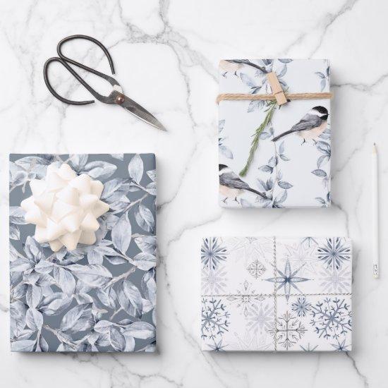 Winter foliage snowflake bird gray blue pattern  sheets