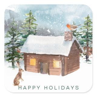 Winter forest, log cabin, robin, hare square sticker