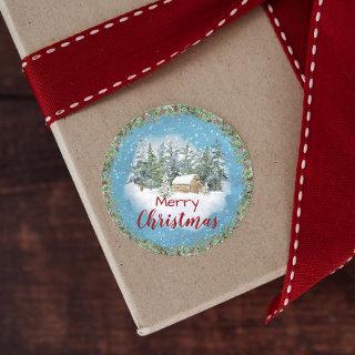 Winter Forest Rustic Cabin Merry Christmas Classic Round Sticker