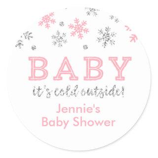 Winter Glitter Snowflake Shower Favor Tag, Pink Classic Round Sticker