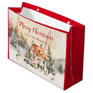 Winter Holiday Cottage Merry Christmas Large Gift Bag