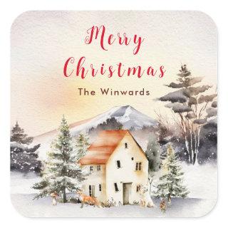 Winter Holiday Cottage Merry Christmas Square Sticker