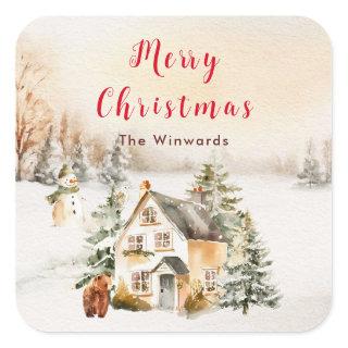 Winter Holiday Cottage Merry Christmas Square Sticker